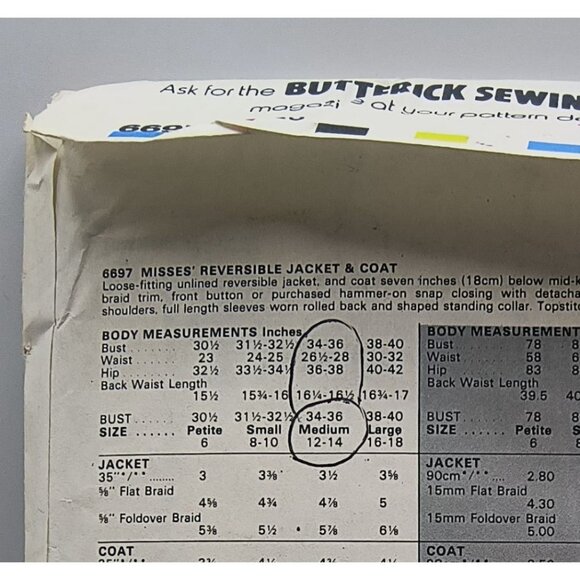 Butterick 6697 Reversible Jacket & Coat Sewing Pattern Size 12-14 Misses - Picture 2 of 3